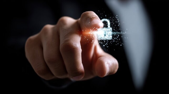 A cyber security, businessman finger clicking glowing cyber and digital padlock icon, cybersecurity and data protection. - Powered by Adobe