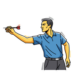 A focused male darts player in a blue shirt aiming to throw a dart, vector illustration.
