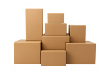 Stack of various sized cardboard boxes, representing delivery, shipping, moving, and ecommerce logistics on transparent background