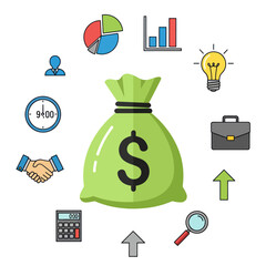 Business and finance concept with a central money bag surrounded by colorful flat line icons representing investment and growth.
