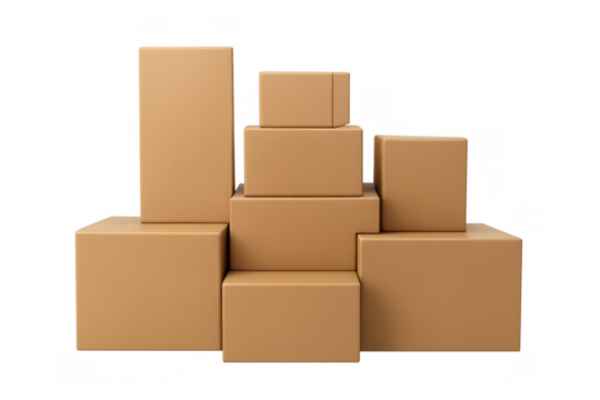 Stack of various sized cardboard boxes, representing delivery, shipping, moving, and ecommerce logistics on transparent background