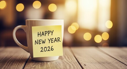 Happy new year 2026 message on a sticky note attached to a coffee mug on a wooden table with blurred bokeh lights in the background