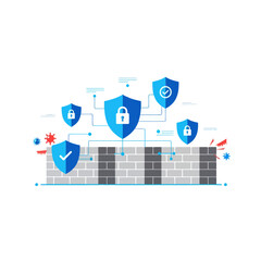 Digital firewall and network security shields protecting a system from cyber attacks and viruses.