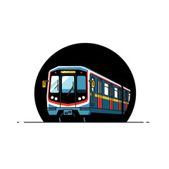 Modern subway train illustration emerging from a dark circular tunnel.