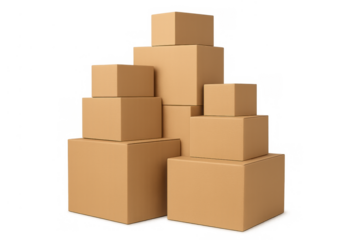 Cardboard boxes stacking, packaging and delivery concept, transparent background with objects ready for shipping