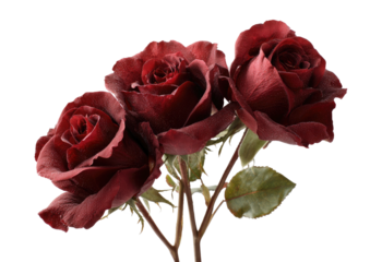 Trio of velvety, dark red roses against a black backdrop