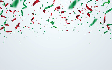 Realistic green, red confetti, ribbon falling on a transparent background, perfect for effects in party invitations, event promotions, festive banners, holiday, festival decoration and holiday Ads	
