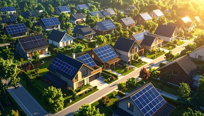 Aerial view of residential homes with solar panels on their roofs, sunlight