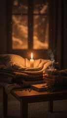 Cozy candlelight illuminates warm room with steaming cup, creating peaceful atmosphere