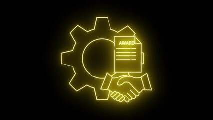 Neon yellow outline gear award document and handshake symbol against a black backdrop