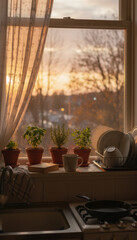 Cozy kitchen window with fading sunlight, showcasing potted herbs and dishes