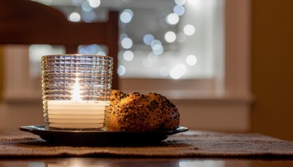 candle glass with bread on wooden table