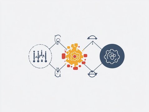 A minimalist infographic illustrates the basic machine learning cycle, featuring three unique stages, using simple icons to represent data input, analytical models, and final output generation.