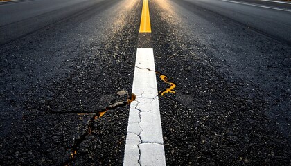 An asphalt road stretches into the distance, broken center line