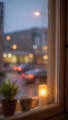 Cozy scene of rain on window, with soft light reflections and warm ambiance