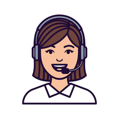 Friendly female customer service representative wearing headset with microphone, smiling and ready to assist