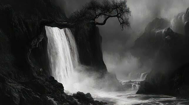 Waterfall with a dark fantasy art style, brooding atmosphere, gnarled trees, ominous lighting, Brom inspired