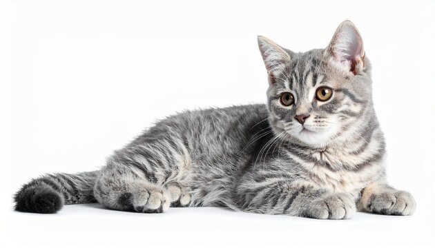 A cute domestic purebred kitten lying down on a clean white background, captured in a detailed studio portrait.