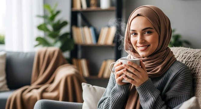 Woman in Hijab Relaxing with Coffee
