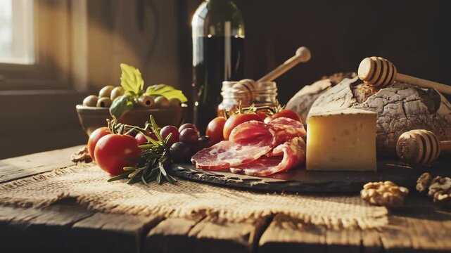 Serving Italian Antipasto Platter With Wine, Olives, Cheese, Salami, Honey, and Bread
