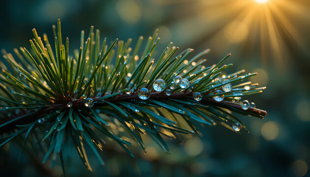 Dew drops glistening on pine needles in the morning sunlight creating a serene nature scene
