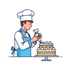 Male baker wearing chef hat and apron, decorating cake with piping bag