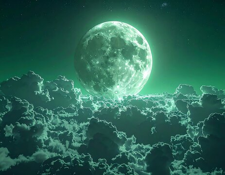 A luminous green moon dominates a cloudscape, casting an ethereal glow. The textured clouds add depth, creating a surreal and atmospheric scene