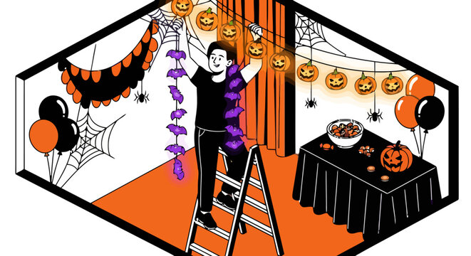 Person decorating room for halloween, hanging pumpkin lights and bat decorations from the ceiling while standing on ladder, with spiderwebs and balloons adding to the festive atmosphere - Powered by Adobe