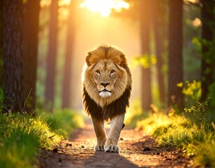A majestic male feline walks down a path in a sun-drenched forest, bathed in golden light. Sunlight streams through trees