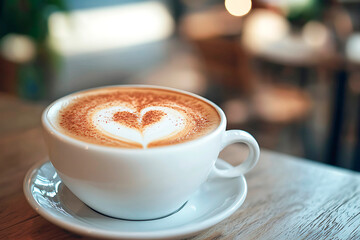 Warm cappuccino having heart latte art and cinnamon powder, resting on a rustic wooden table in a blurry cafe background