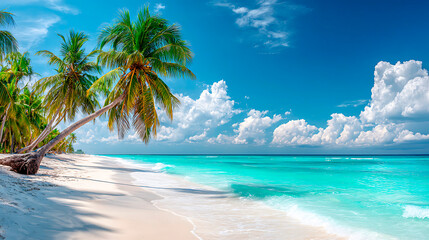 Tropical beach offering a perfect escape with white sand, clear turquoise water, and swaying palm trees under a blue sky