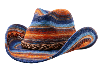 Striped cowboy hat with woven band, blues and oranges