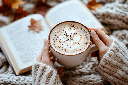 Person hands holding a cup of latte with heart art, wearing a cozy sweater with an open book and autumn leaves - Powered by Adobe