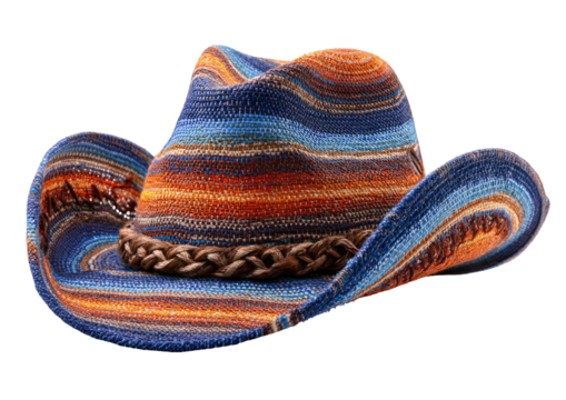 Striped cowboy hat with woven band, blues and oranges