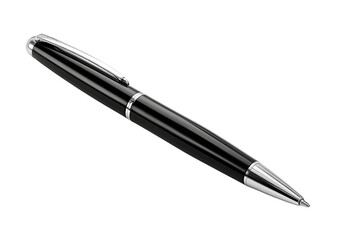 Glossy black pen with silver accents on a dark background