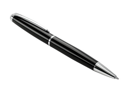 Glossy black pen with silver accents on a dark background
