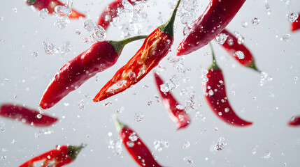 Bright red chili peppers fall amidst dynamic water splashes against a light background