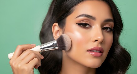 Fototapeta premium Woman applying makeup with a brush for beauty and skincare on a green background in a studio shot
