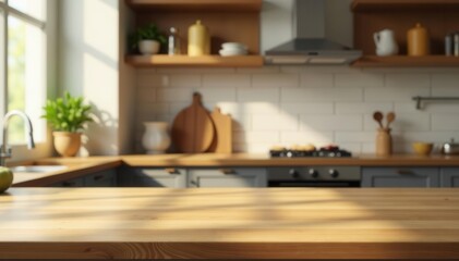 Warm wood kitchen counter, soft-focus kitchen scene, minimalist, top view, photography