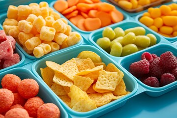Assortment of nutritious and processed snacks filling a blue bento box, showcasing diverse food options