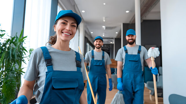 Experienced cleaning professionals in uniform standing with tools, ready for effective service, ensuring a spotless and hygienic environment