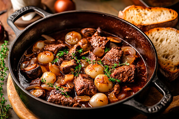 Beef Bourguignon, a hearty French stew, featuring tender beef, mushrooms, pearl onions, and red wine sauce, garnished with thyme