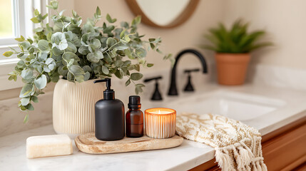 A cozy bathroom with ambient candles and essential oils on the counter, perfect for spa and detox themes.