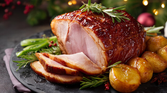 Glazed ham with rosemary garnish and roasted potatoes on a dark serving platter