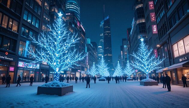 Snowy city street decorated with glowing blue christmas trees at night creating a festive atmosphere