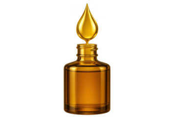 Golden oil drop falling into glass bottle, essence or serum for beauty and skincare, transparent background
