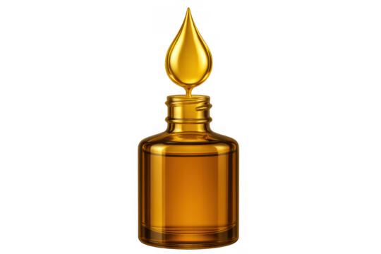 Golden oil drop falling into glass bottle, essence or serum for beauty and skincare, transparent background