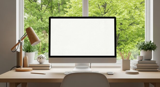 Modern home office desk with blank computer monitor screen overlooking green trees