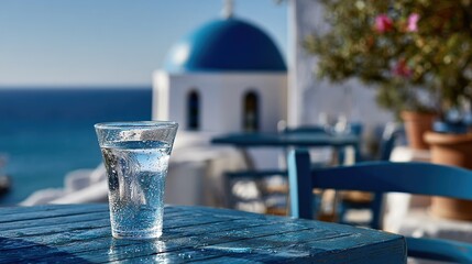 ouzo. Chilled ouzo glass on a table between blue dome and white walls. bar promotions, beverage menus, packaging labels, designed for product packaging and bar promotions, used by copywriters.