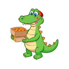 Cartoon Alligator Enjoying Pizza While Delivering Multiple Boxes on White Background
